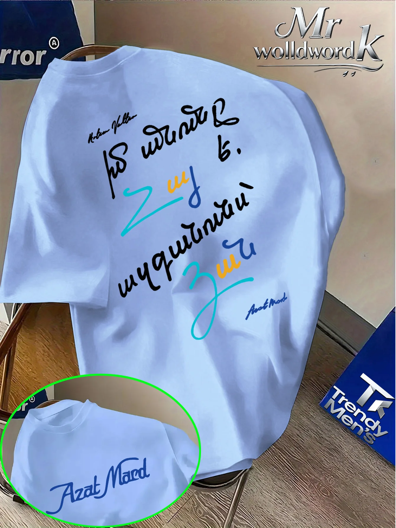 Summer Street Cool Style Azat Mard T-Shirt mit buntem handgeschriebenen Schriftzug-Aufdruck, Rundhalsausschnitt, kurzärmeliges Oberteil, locker und atmungsaktiv – Detail 4