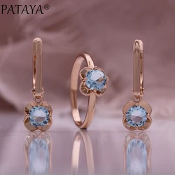 PATAYA Light Blue New Natural Zircon Women Sets 585 Rose Gold Color Dangle Earrings Wedding Party Fine Jewelry Flower Style Set
