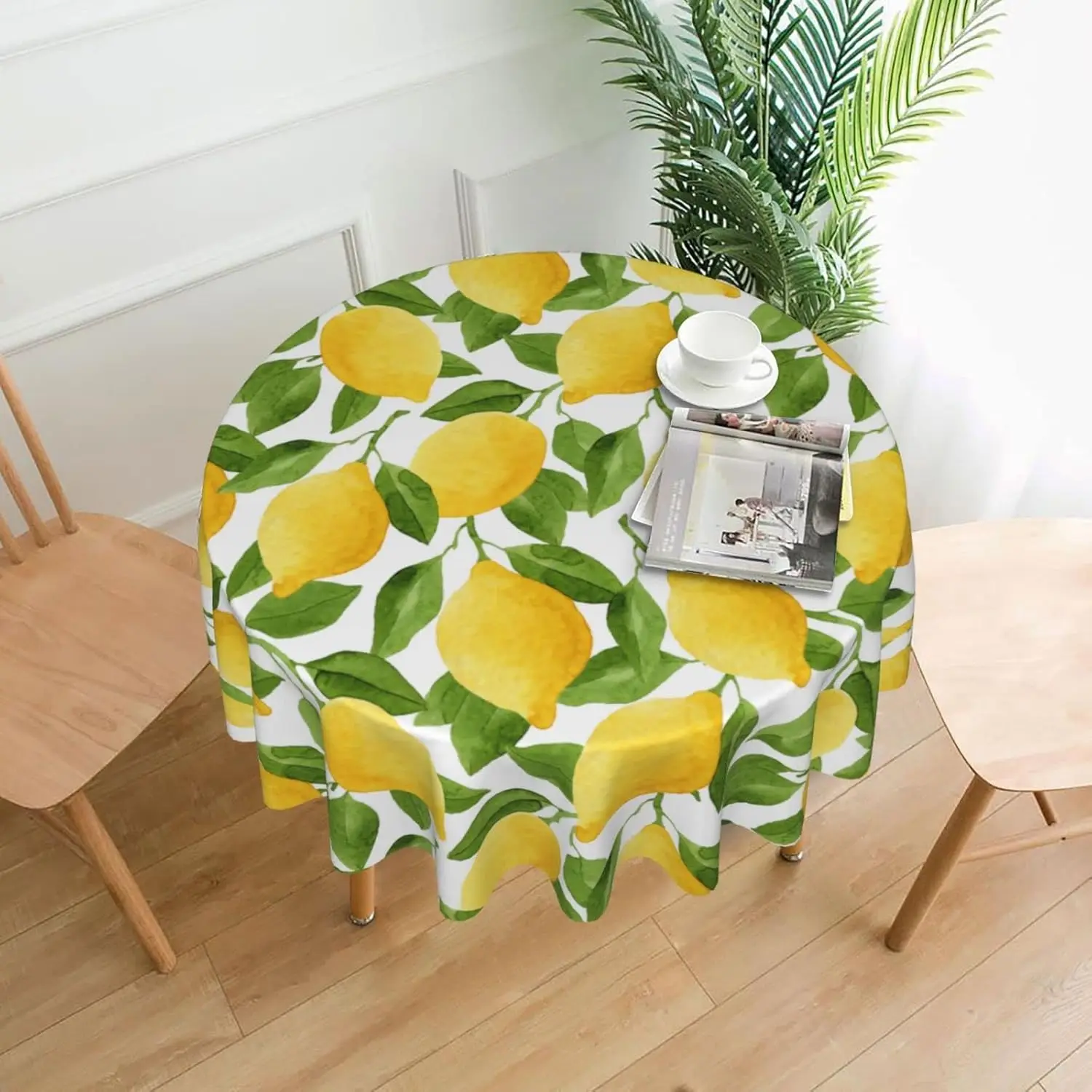 Summer Lemon Leaves Round Tablecloths,Circular Yellow Lemon Table Cover Washable Polyester for BBQ