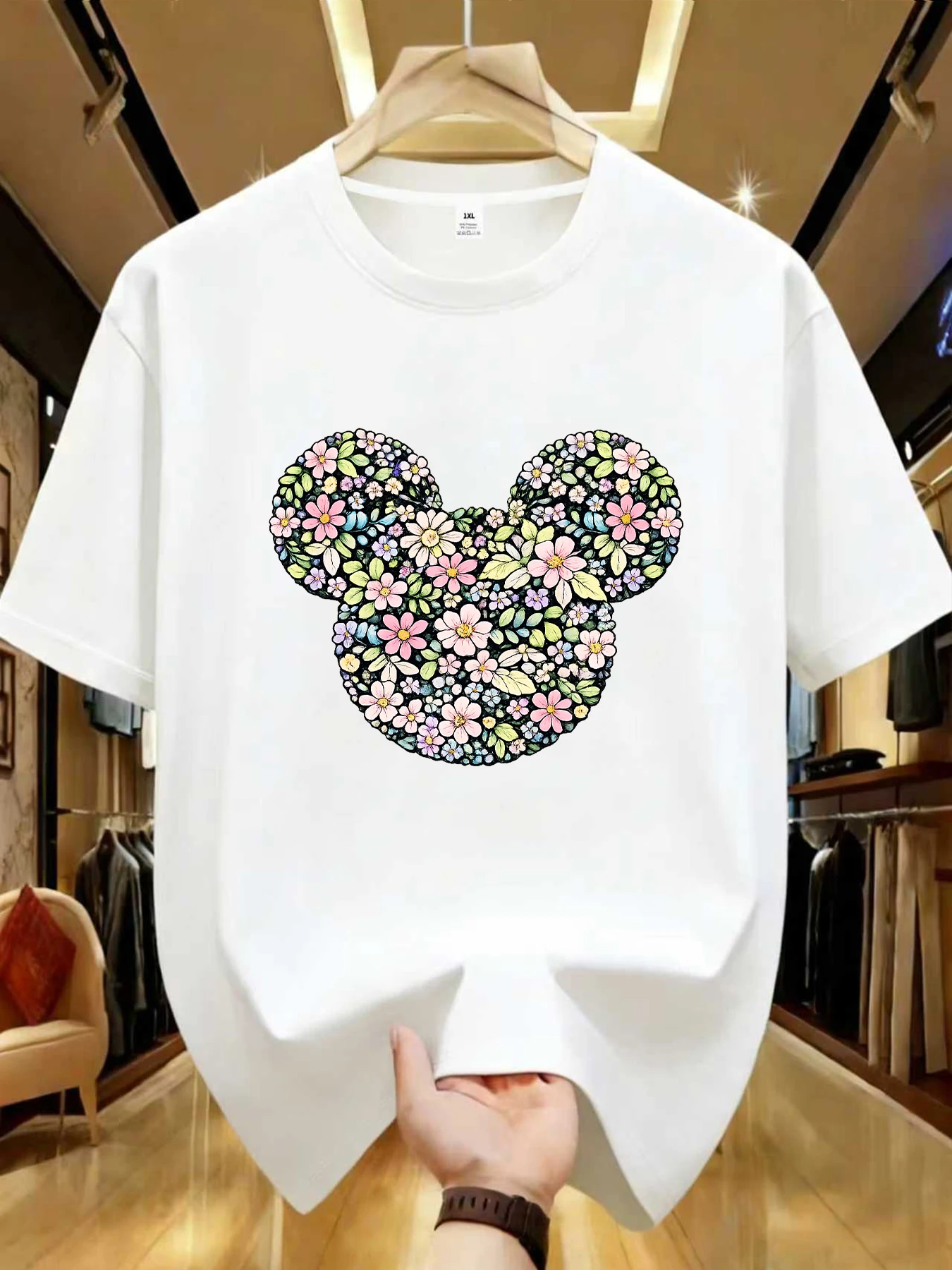 

【WDS0119】Floral Mouse Ears Flower Crown Graphic Plus Size Women's Crew Neck T-Shirt Summer Casual Short Sleeve