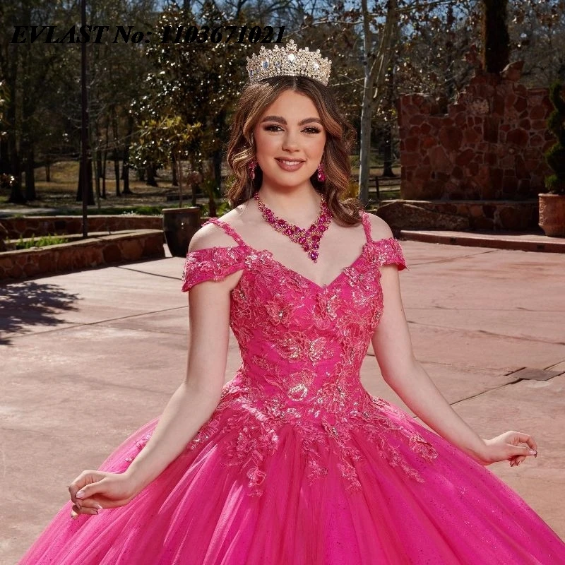 EVLAST gaun Quinceanera merah muda terang Meksiko gaun pesta korset kristal manik-manik renda Applique manis 16 Vestidos De XV 15 Anos SQ144