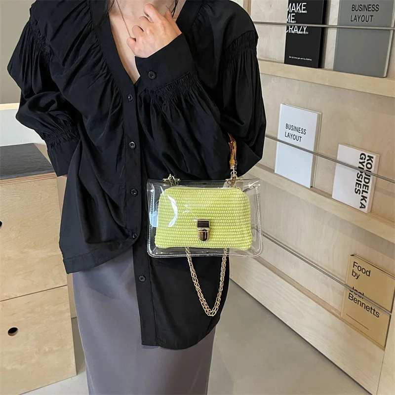 Transparent Small Weave Straw Crossbody Bags with Short Handle for Women 2024 Summer Korean Fashion Shoulder Bags Lady Handbags