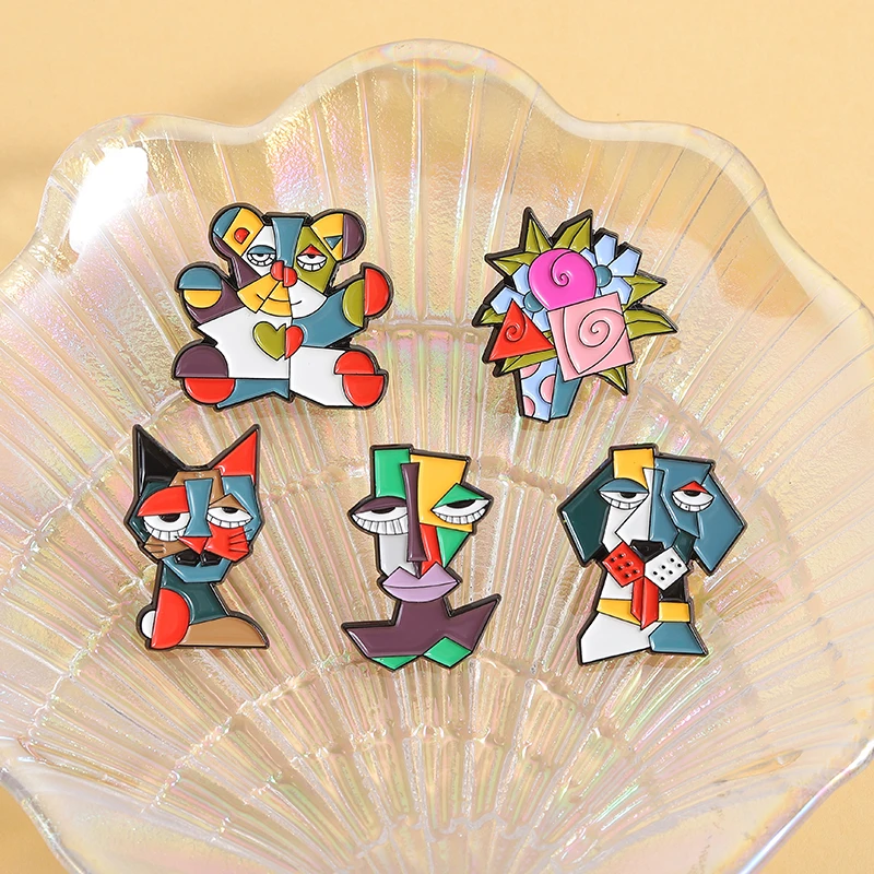 بيكاسو الحديثة نمط المينا دبابيس القط الكلب النفط اللوحة صور دبابيس التلبيب شارات الكرتون الفن مجوهرات هدية للأطفال الأصدقاء #4