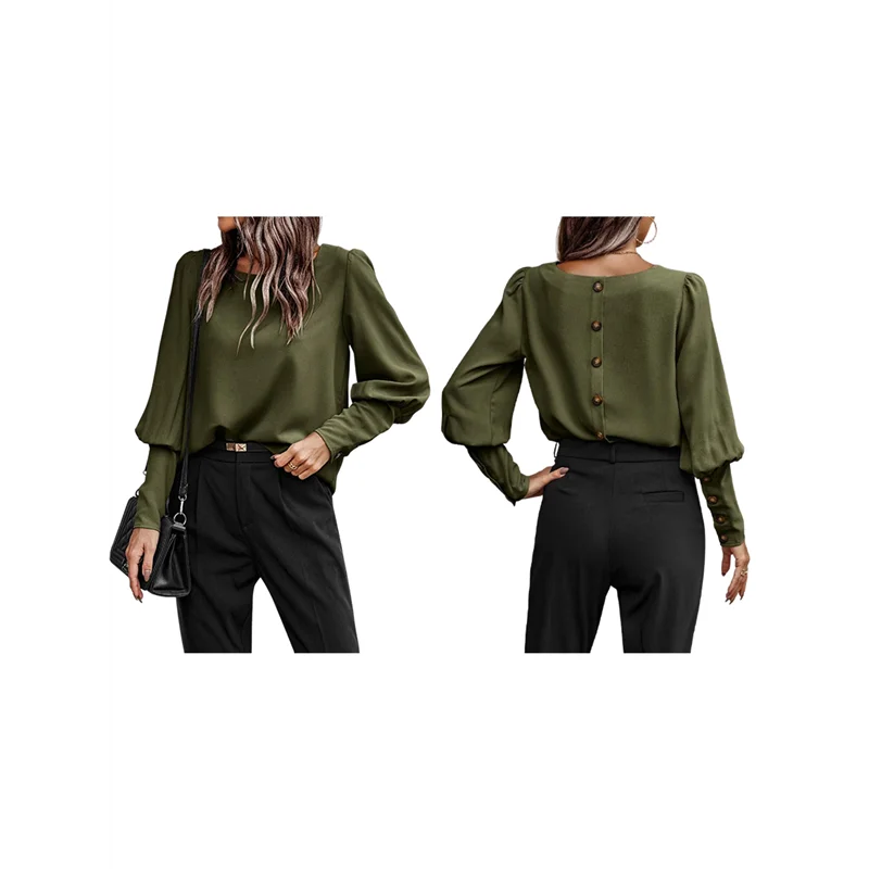 

ABP-Женский топ с длинными рукавами и круглым вырезом, осенне-зимняя элегантная рубашка на пуговицах сзади