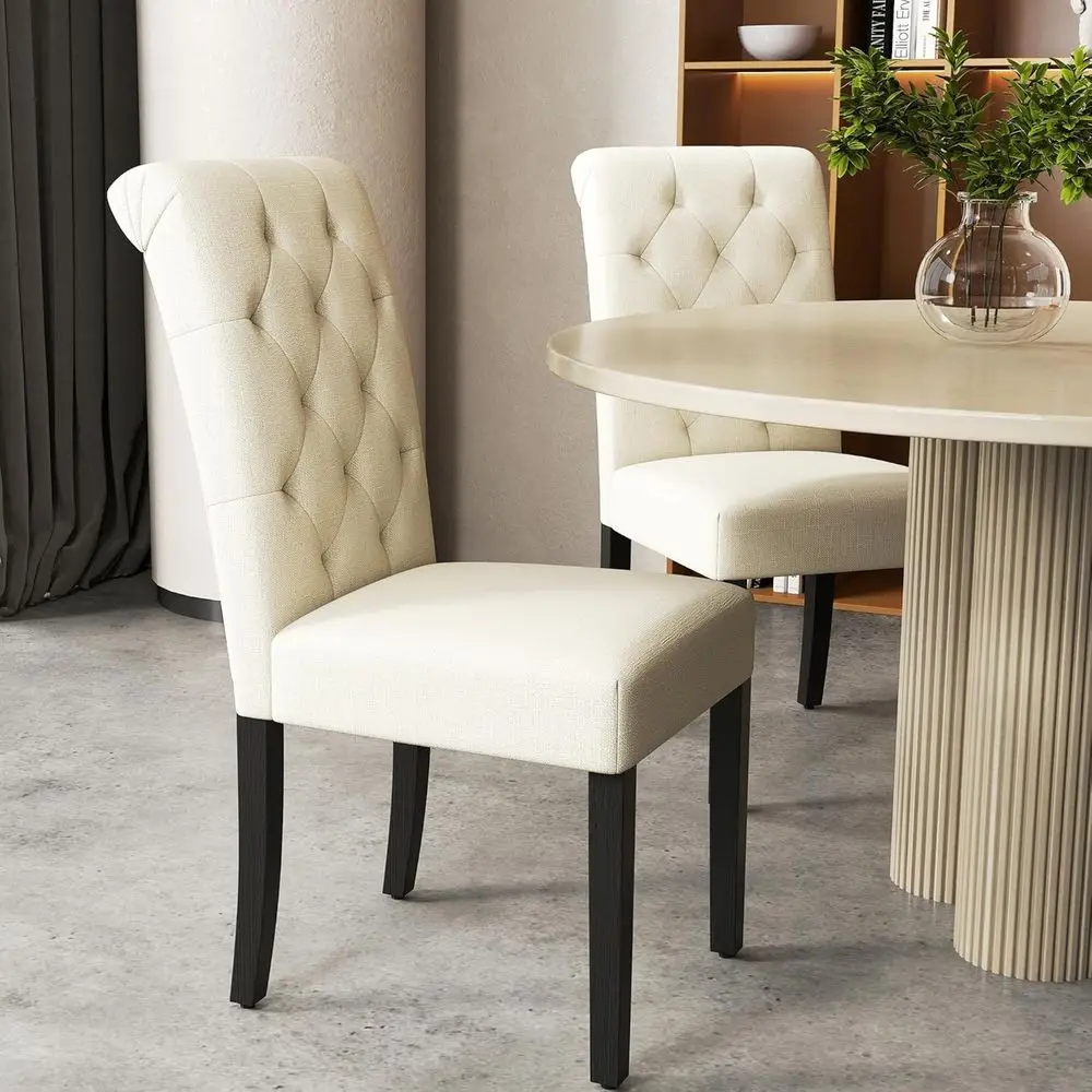 

Pair of Modern Linen Upholstered Dining Chairs with Tufted Back and Solid Wood Legs for Home or Restaurant (Beige)