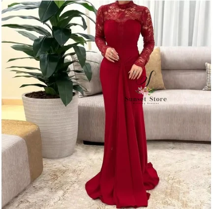 

Customized Long Sleeves Red Appliques and Lace Jersey Evening Dress High Collar Mermaid Exquisite Sweep Train Party Dresses 2025
