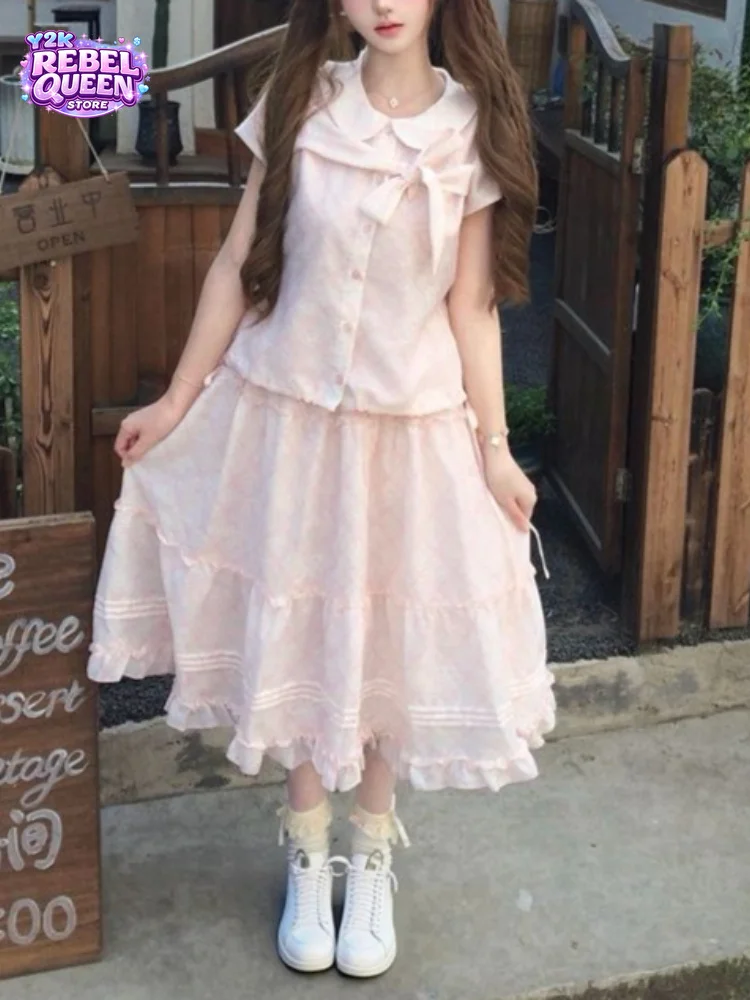 Conjunto de 2 Piezas para Mujer, Estilo Japonés Vintage, Top con Cuello Peter Pan y Lazo Dulce + Falda Midi con Volantes, Color Rosa, Ropa Casual Chic de Verano