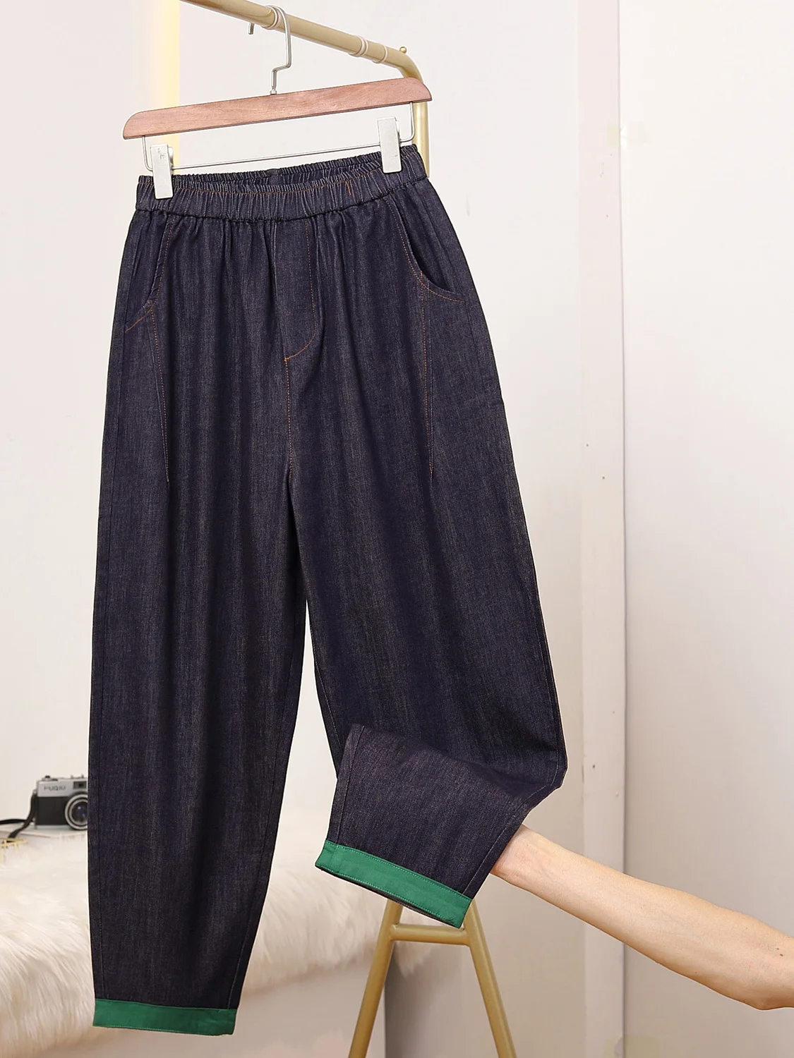 Cintura alta elástica solta pai jeans feminino casual perna reta algodão primavera novo sle nove pontos calças harmônicas