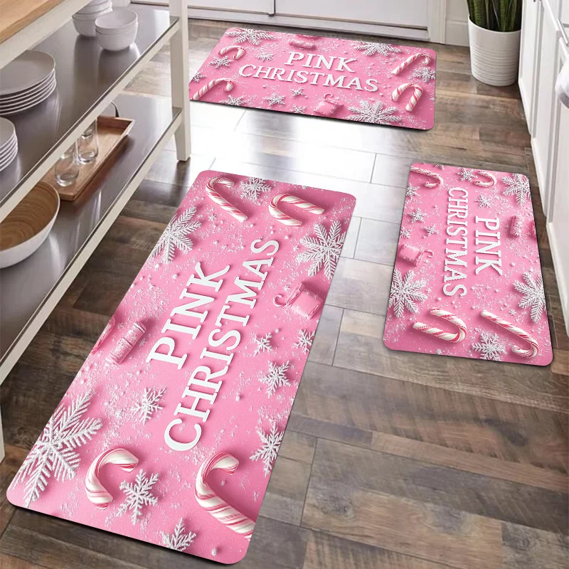 Pink Christmas Letters Design Bathroom Non-silp Doormat Suitable for Livingroom Decorations Accessories Pad Kitchen Bedroom Rugs