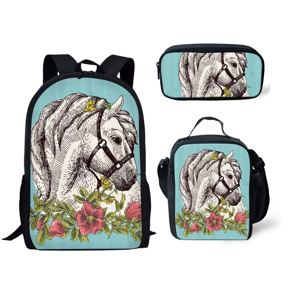 Classic Popular Novelty Colourful Horse 3D Print 3pcs/Set pupil School Bags Laptop Daypack Backpack Lunch bag Pencil Case