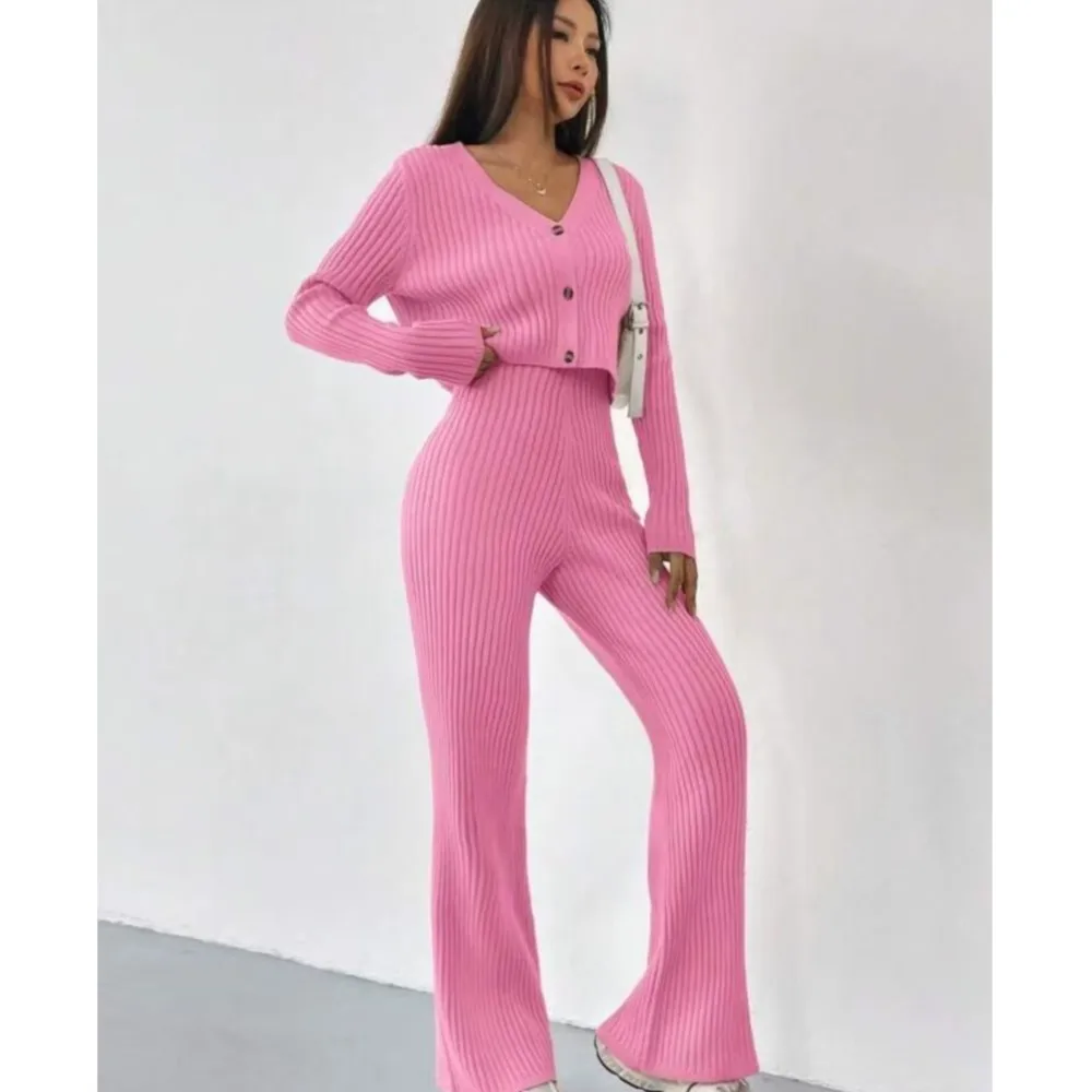 Autumn Solid Color Knitted 2piece Set Women V Neck Short Knitted Cardigan Fashion Flared Long Pants Versatile Casual Ladies Suit