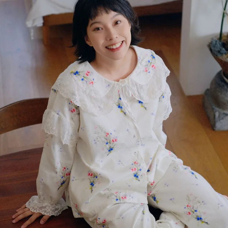 Romantic Princess Pajamas for Women Cute Floral Print Sleepwear Set with Lace Collar Sweet Victorian Style 2 Piece Homewear - view 2