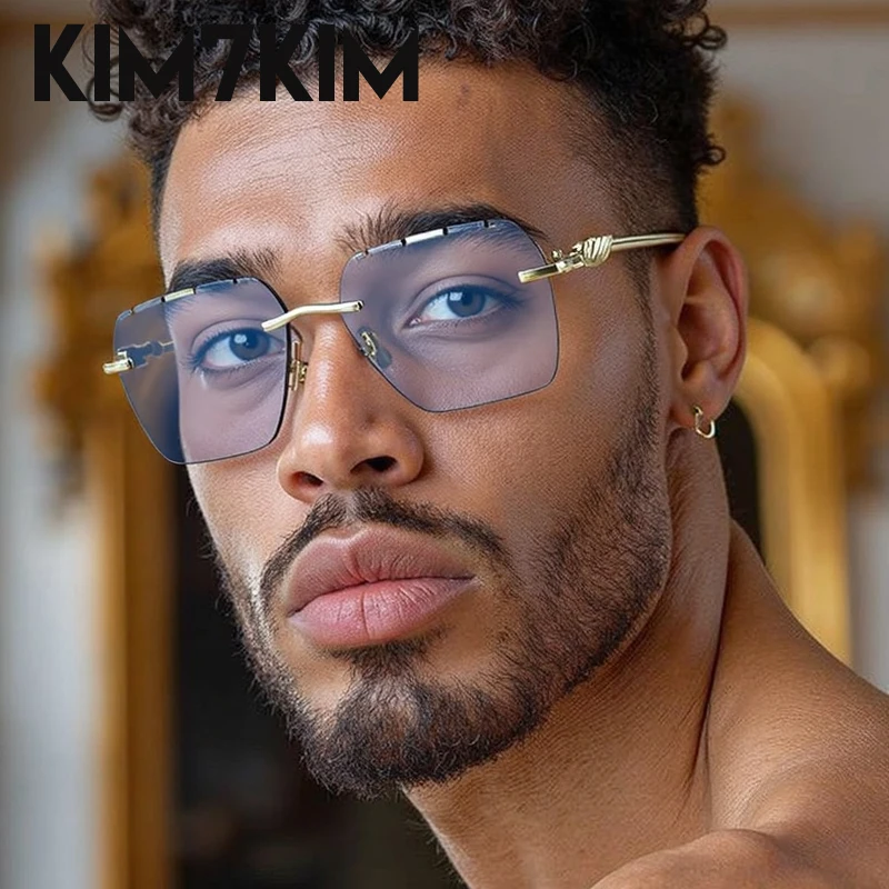 

Punk Rimless Square Photochromic Sunglasses Men 2025 Luxury Brand Change Color Sun Glasses For Male Vintage Metal Frame Eyewear