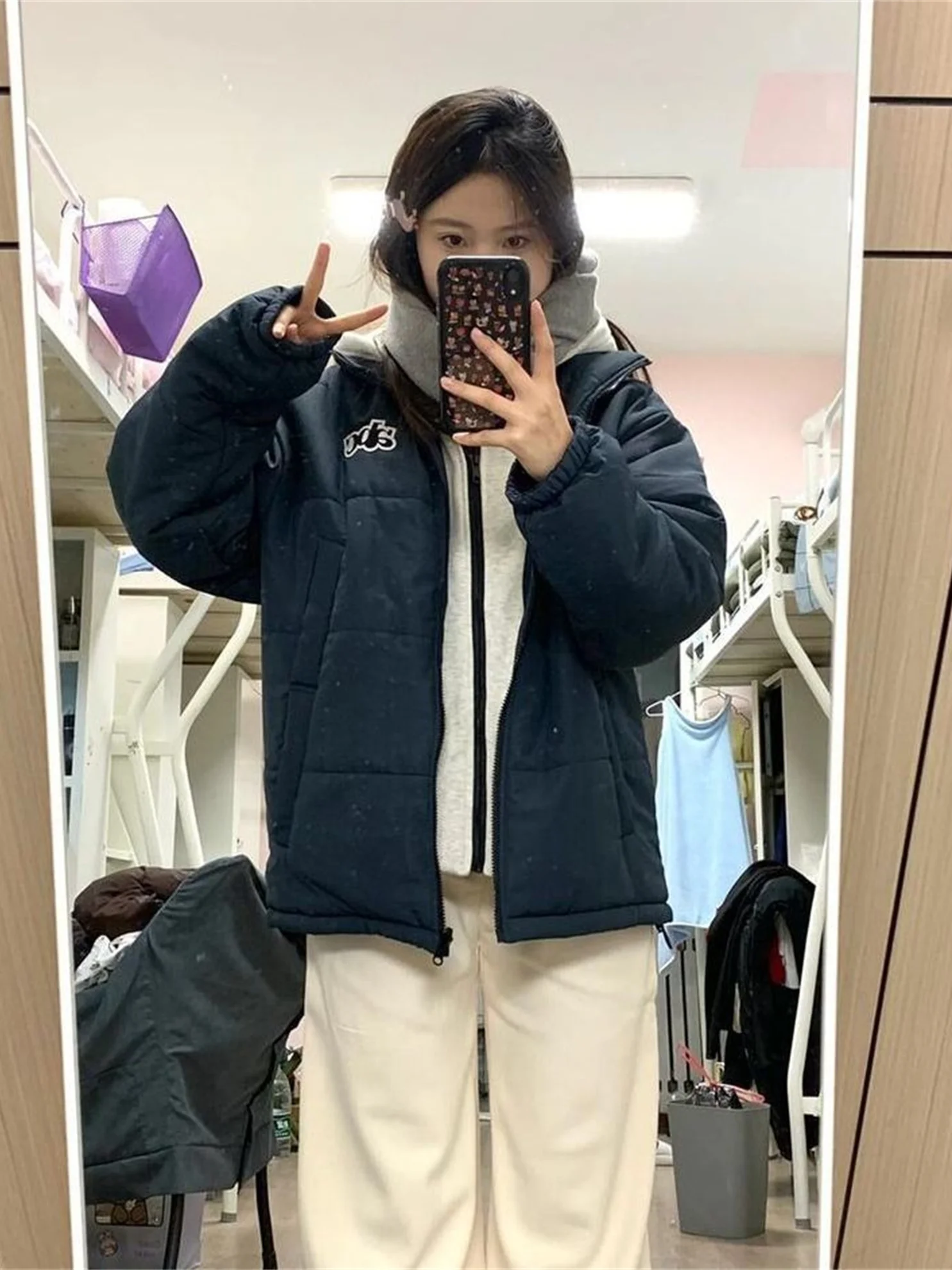 

Утепленная хлопковая куртка-пальто для женщин в университетском стиле, с капюшоном, имитация двухслойности, свободная верхняя одежда, зимняя повседневная, с завышенной талией