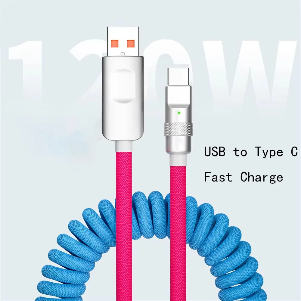 1.8M 120W Fast Charge USB Cable Quick Charge Type-C Charger Spring  Cord Line Cable For Xiaomi Huawei Samsung USB to Type C