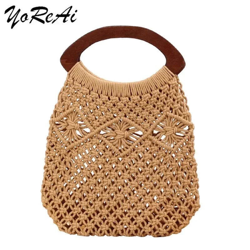 YoReAi New Handmade Bags for Women Beach Weaving Ladies Straw Pack Wrapped Beach Bag Hollow Out Retro Handle Handbags Totes