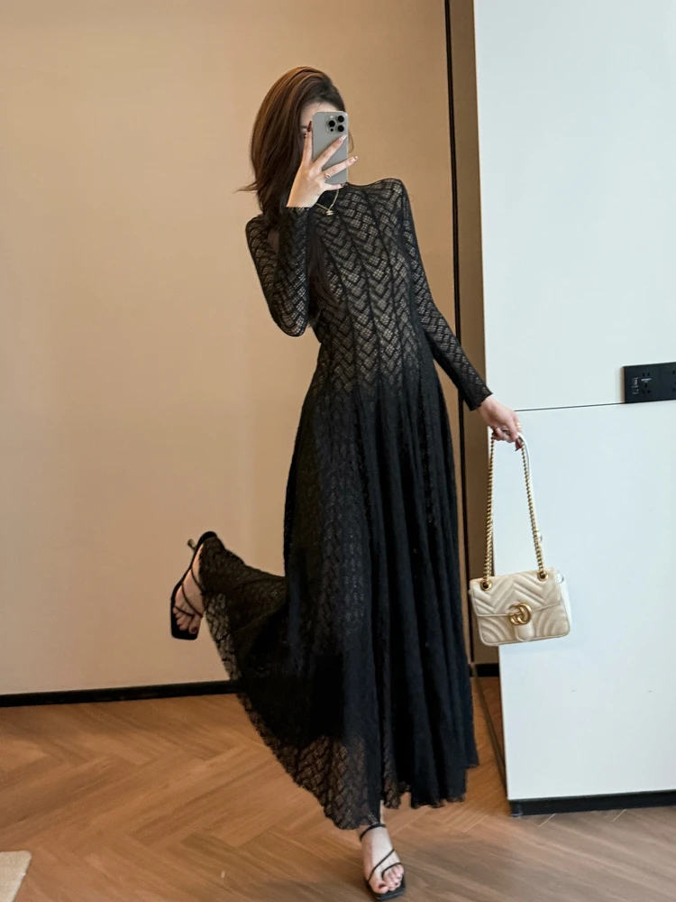 

Ele Hollow out Long Sve Dr Sli Versatile High Waist A-Line Skirt for Par Women's Faion Luxury Sle Dr