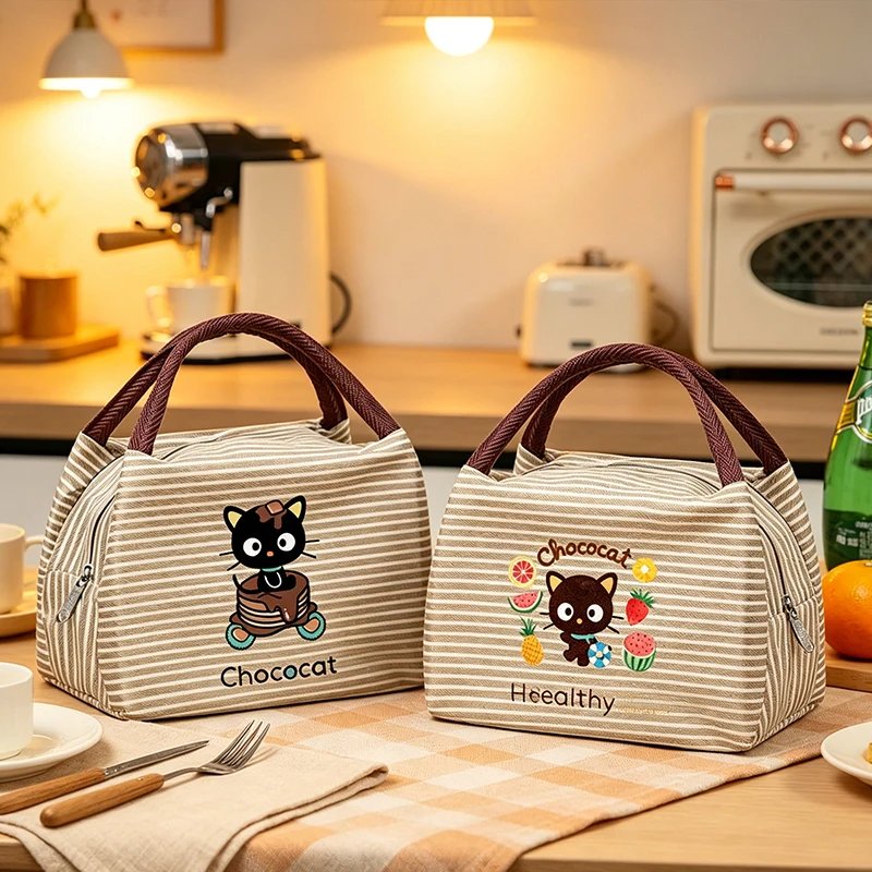 kawaii Lunch Bag Stripes Insulated Portable Lunch Handbag Chococated Aluminum Foil Rice Bag Meal Pack Tote Pack Cute Bento Bag
