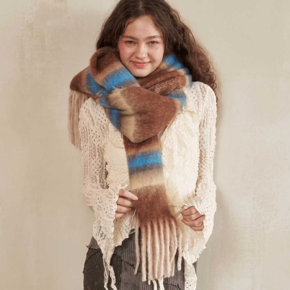 Classic Mohair Stripe Wool Scarf Tassel Winter Cashmere Scarves Warm Korean Style Long Shawl Women/Men