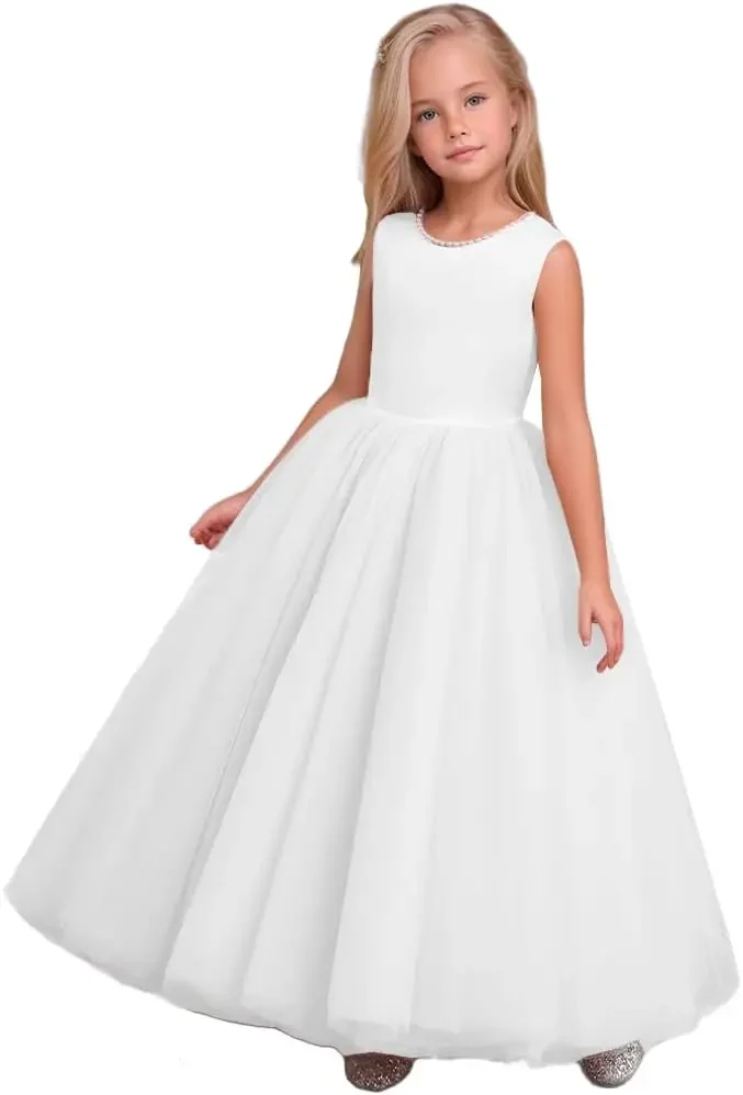 Tulle Pageant Dress Baby Girl Dress Flower Girls Dresses for Wedding Party Princess Pageant Dress Pearls First Communion Gowns
