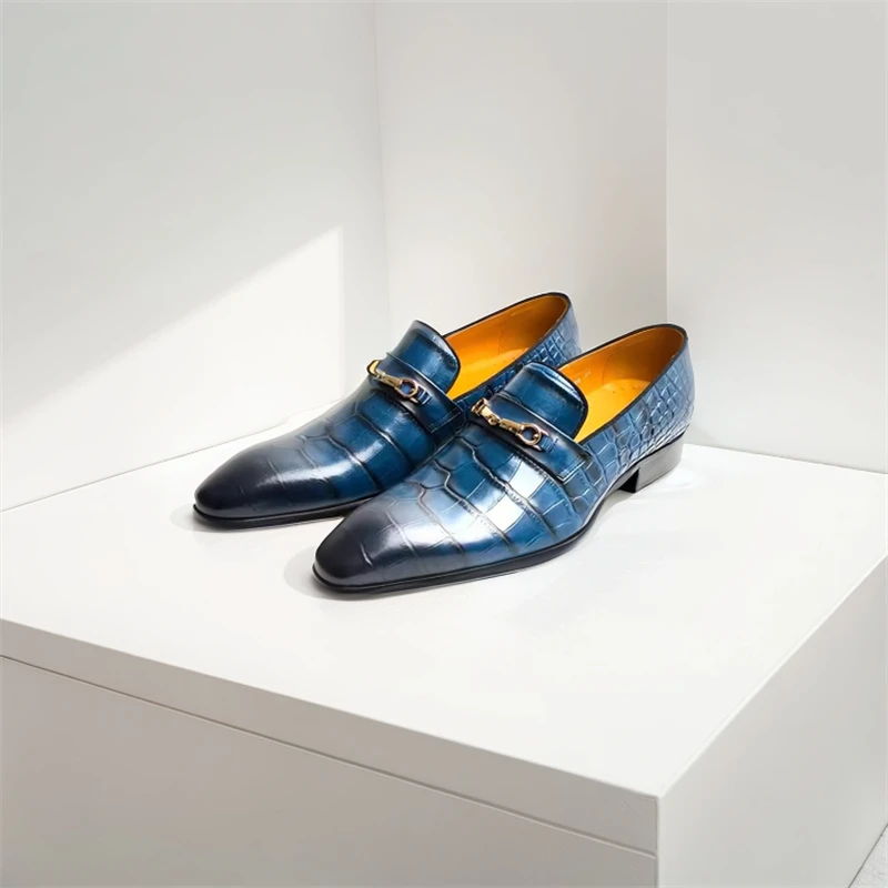 

Dress Loafers Men Calfskin Leather Slip-Ons Metal Decoration Luxury Alligator Pattern Pointed Toe Business Dress Shoes