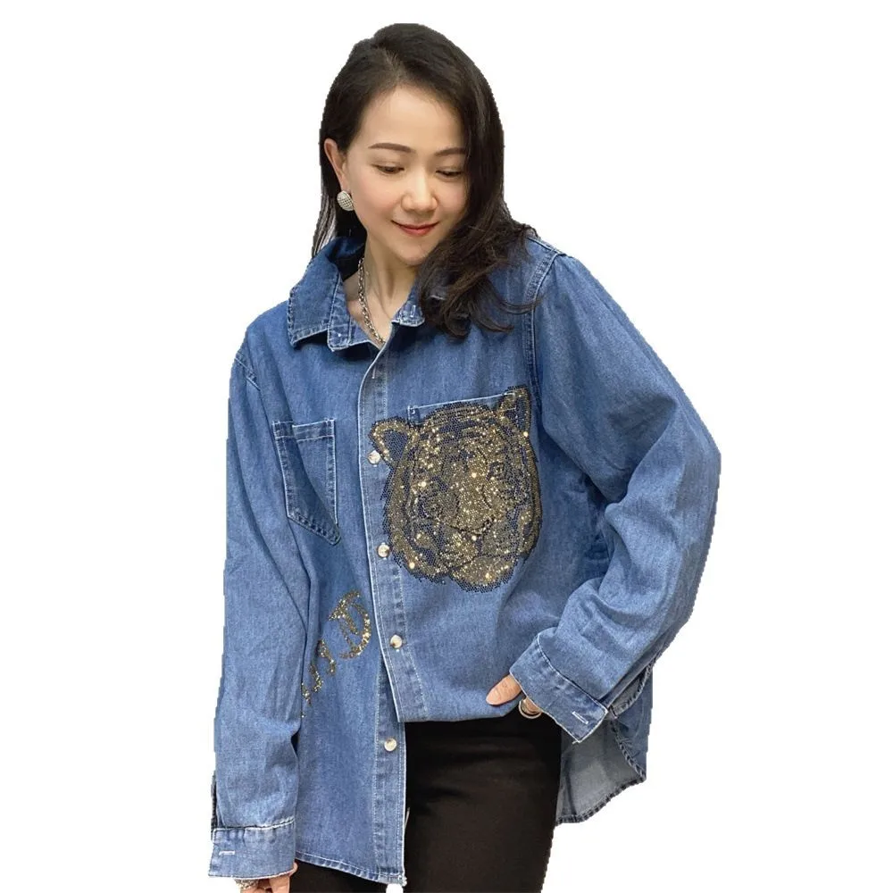 

Новинка 2023 года, весенне-осенние джинсовые блузки с длинными рукавами, женские свободные кардиганы, пальто Golden Tiger, женские рубашки с горячим бурением, джинсовая куртка