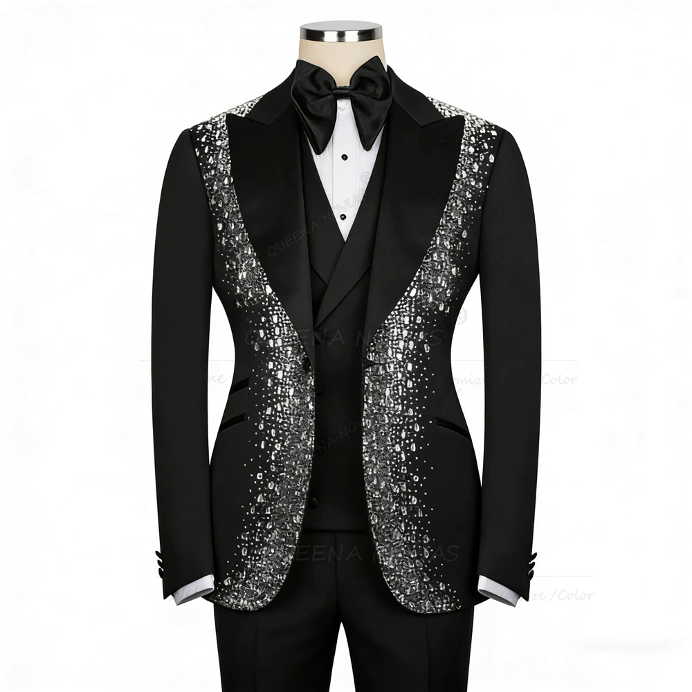 Luksusowy garnitur ślubny dla pana młodego z kryształkami, smoking, 3-częściowy, jednorzędowa marynarka, kamizelka, spodnie, szyty na miarę, strój bankietowy, męska marynarka.