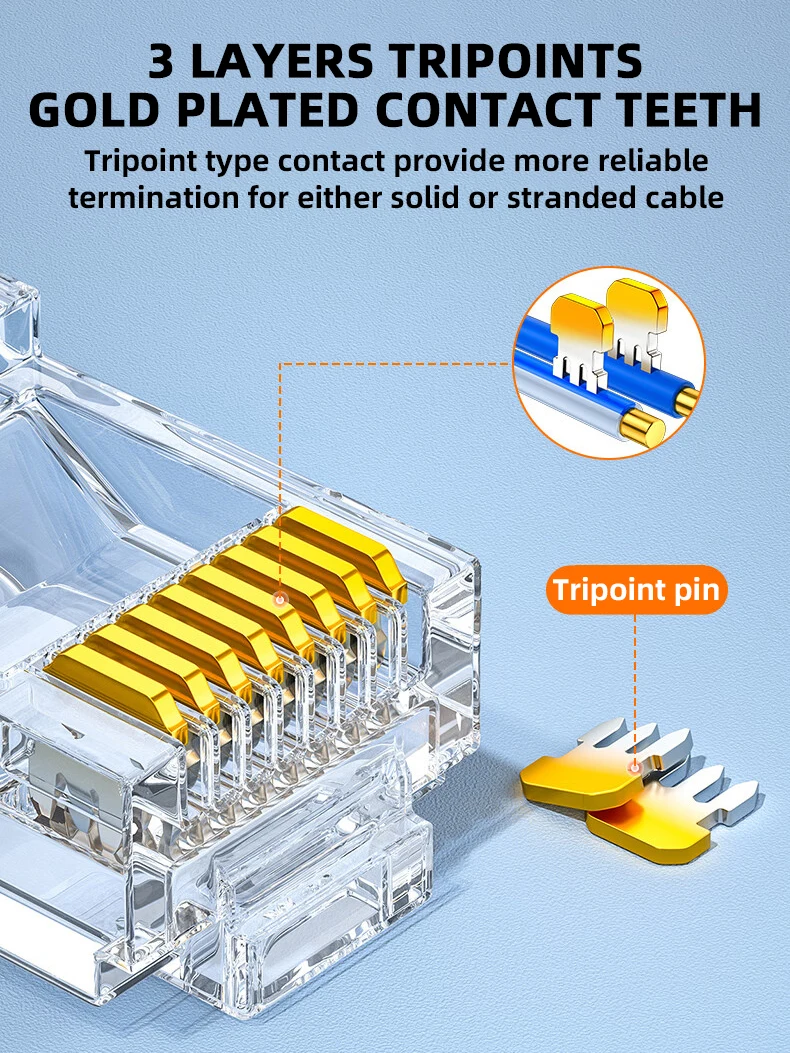 WoeoW-conectores RJ45 de 50 piezas, enchufes modulares estándar, UTP chapado en oro, 2 piezas, CAT6, RJ45, 8P8C, extremo de crimpado para Cable Ethernet