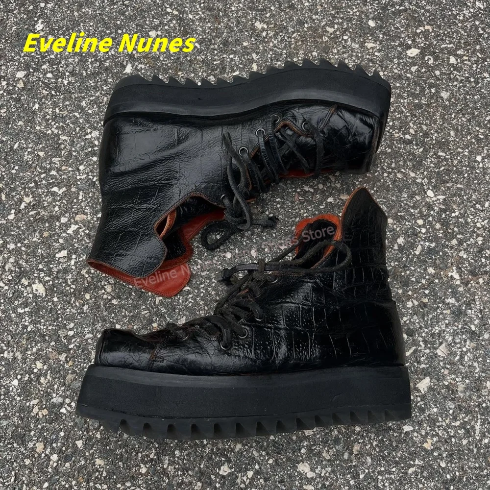Vintage Black Croc-Effect Platform Boots Women Square Toe Lace Up Thick Sole Gothic Dark Street Style Footwear 2026 New Arrivals