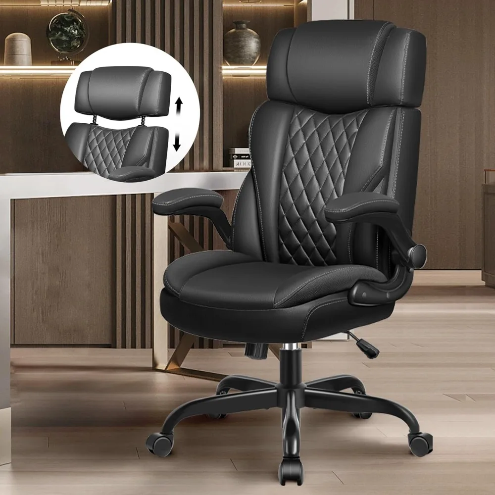 

Office Chair Flip Up Arms, Executive Leather Office Chair Ergonomic Desk Chair with Lumbar Support, Adjustable Headrest,