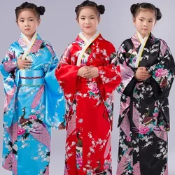 Children Kimono Traditional Japanese Style Peacock Yukata Dress Imitation Silk Obi Vintage Haori Yukata Girl  Cosplay Costume