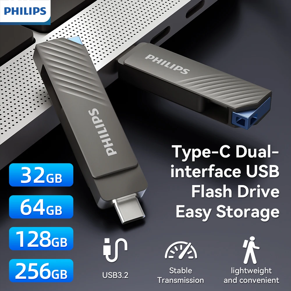 Philips Dark Gray Dual Interface USB3.2 Flash Drive Type-C OTG Multi Capacity Portable Storage U Disk For Phone Laptop PC Car