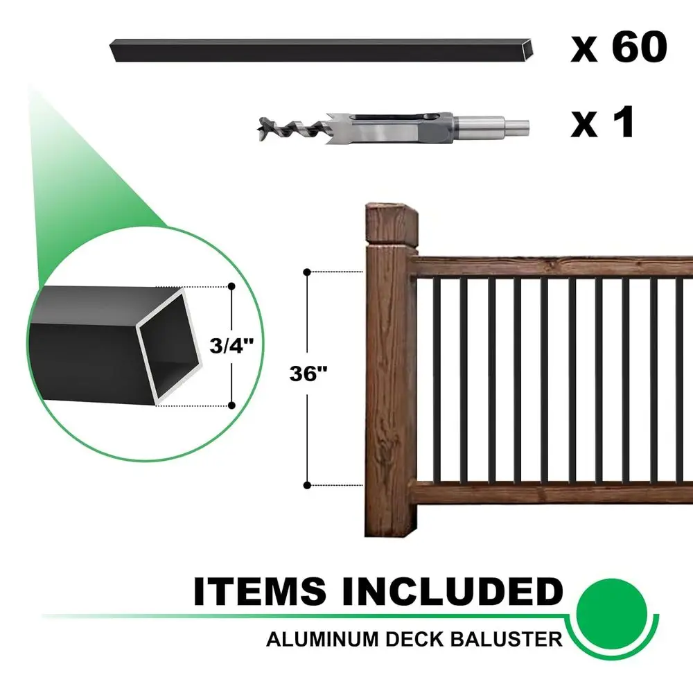 36-Inch Black Aluminum Square Deck Balusters, 3/4 Thick, 60 Pack for Railing and Staircase Support