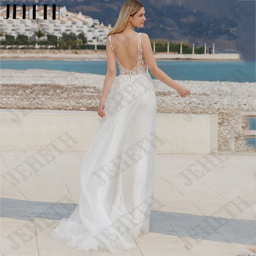 JEHETH Appliques Deep V-Neck Wedding Dresses A-Line Sleeveless Backless Bride Gown Button Tulle robes de mariée 2024 Custom Made