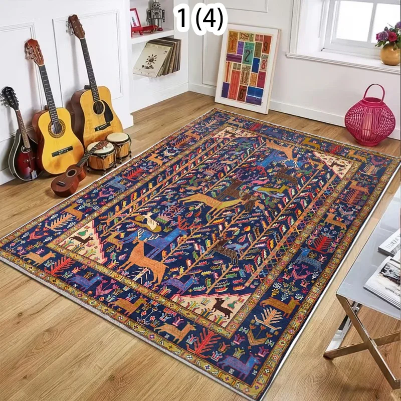 Red Base Ethnic Style Peacock Deer Floral Area Rug Vintage Non-Slip Floor Mat for Living Rooms Bedrooms Cultural Home Decor