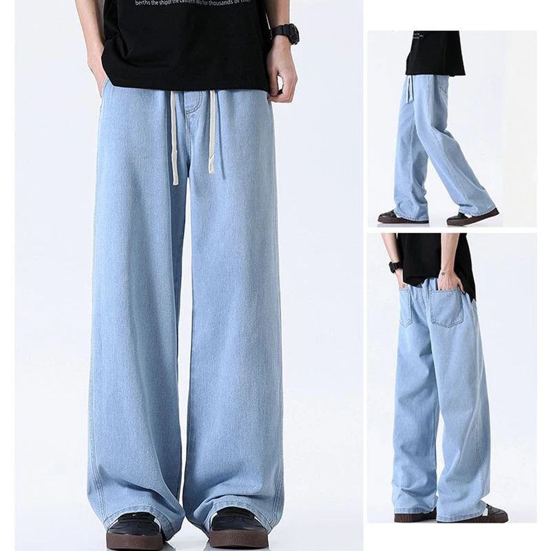 2025 جديد الرجال الشتاء جينز غير رسمي الذكور موضة فضفاضة مستقيم الدينيم السراويل سليم صالح مرونة الخصر الدخان رمادي أزرق فاتح بنطلون