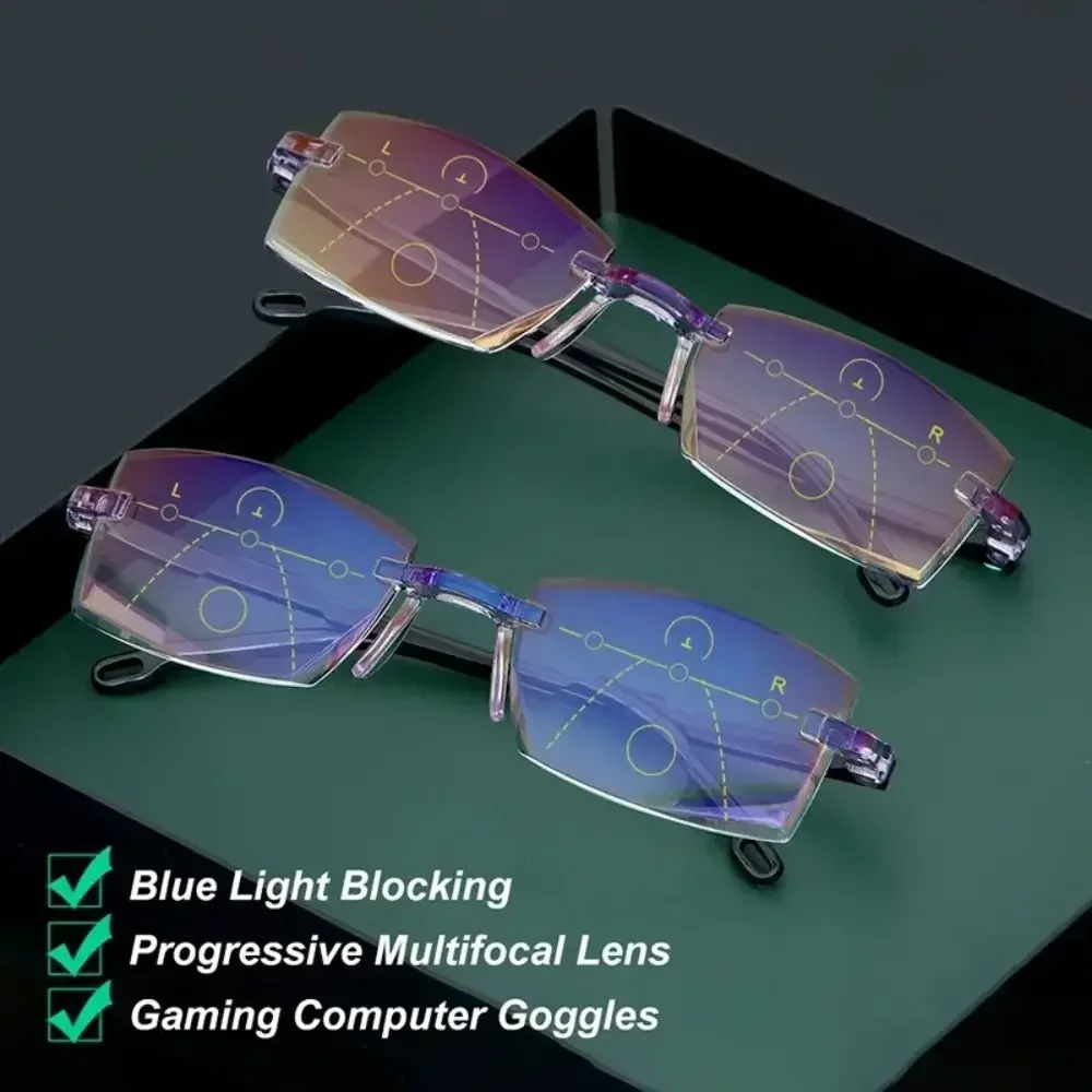 Bifokale progressive Lesebrille, diamantgeschnittene Herren-Blaulicht-blockierende Multifokalbrille, ultraleichte randlose Brille
