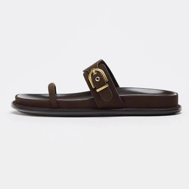 

Retro Platform Women's Slippers Summer 2026 Open-toe Metal Buckle Casual Slides Concise Comfortable Flat Beach Sandals Women