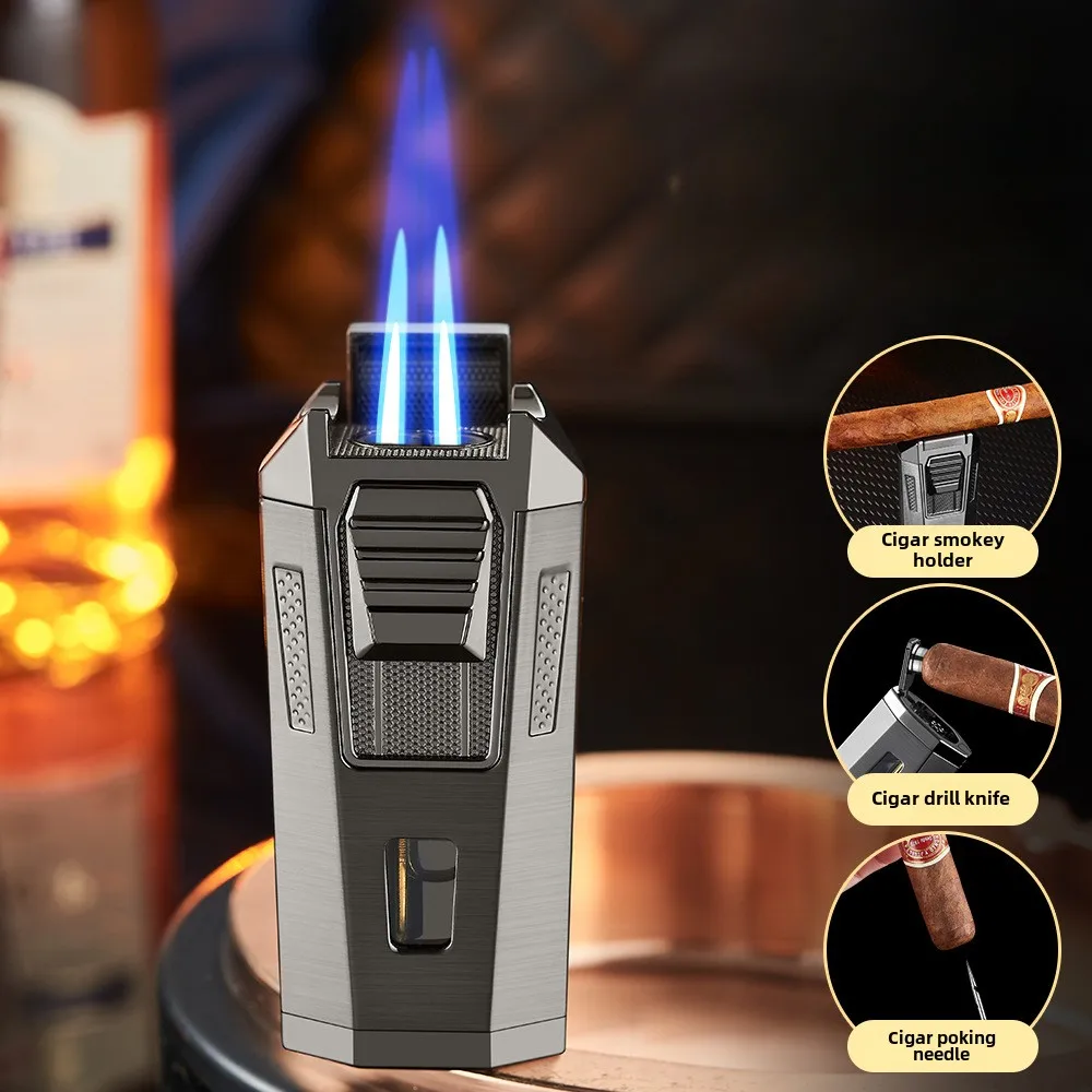 Dual-fire Direct-fire Windproof Cigar Lighter, Multifunctional High-end Durable Metal Inflatable Lighter Men's Gift