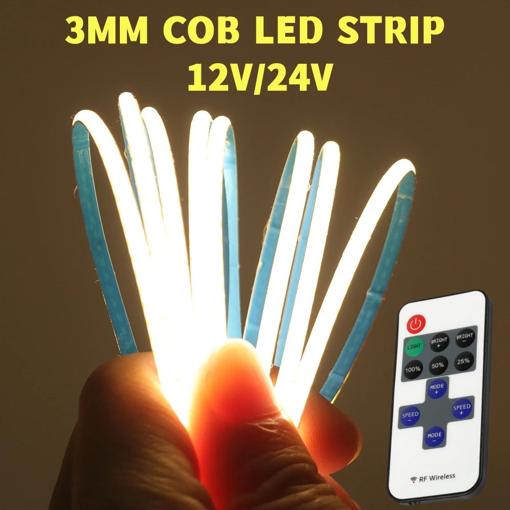 

Soft Flexible RA90 COB LED Light Tape Strip With 11Keys RF Remote Controller 3MM 12V 24V 384LEDs/M FOB Home Kitchen Backlight