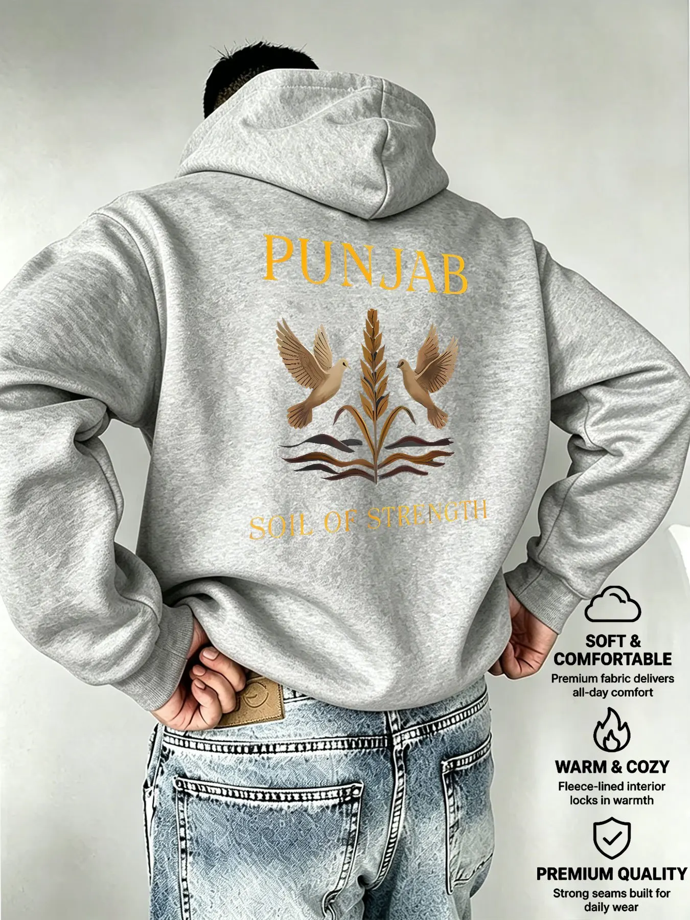 Ethnic style men's hooded sweater with regional cultural pigeon and wheat ear print. Loose, warm, comfortable and casual style.