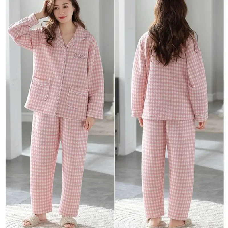 2024 New Autumn Winter Air Knitted Cotton Sandwich Pajamas Female Middle-aged Mother Loungewear Thickened Cotton Warm Homewear