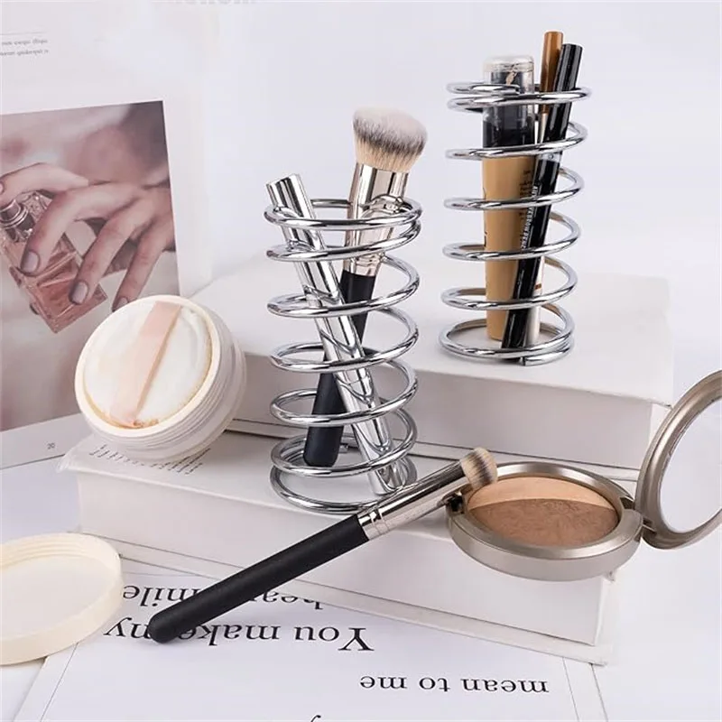 Stainless Steel Makeup Brushes Holder Spiral Hollow Design Desktop Comestic Tools Organizer Decorative Countertop Storage Box