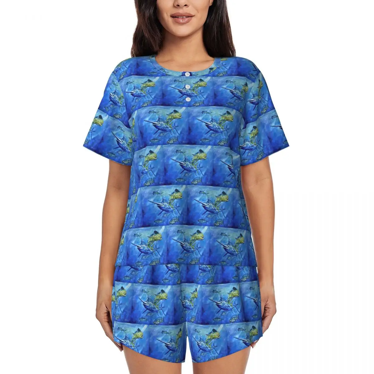 

Ночная рубашка с круглым вырезом и короткими рукавами для сна, пижамный комплект с короткими штанами для женщин, свободный крой, с принтом Dorado, Marlin и Tuna