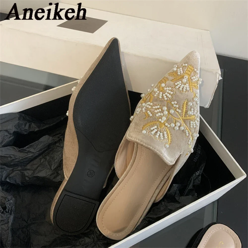 Aneikeh Summer Women Flat Slippers Pointed Bead Embroidery Roman Style Shallow Mouth Velvet Mules Shoes Slip on Female Slides