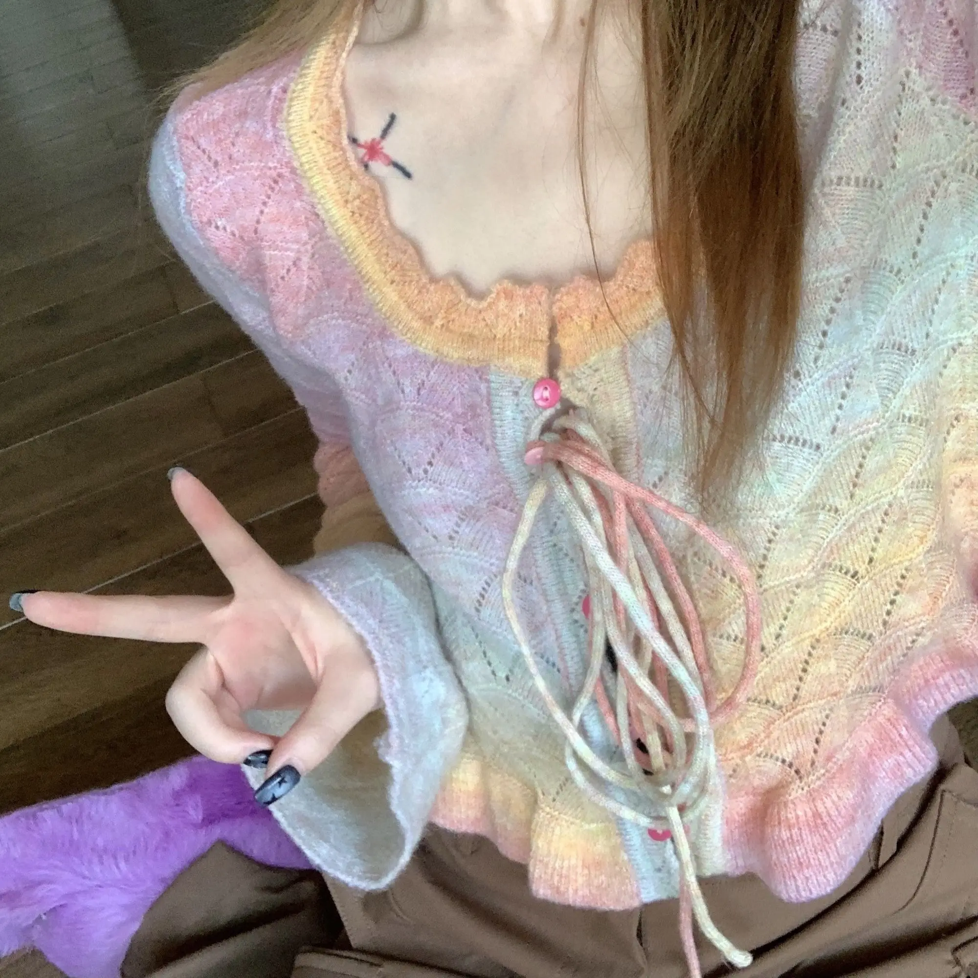 Lolita Rainbow Sweet Knitted Cardigan Coat 2023 Spring Autumn New Sexy Hot Girl Hollow Out Flare Long Sleeve Sweater Top