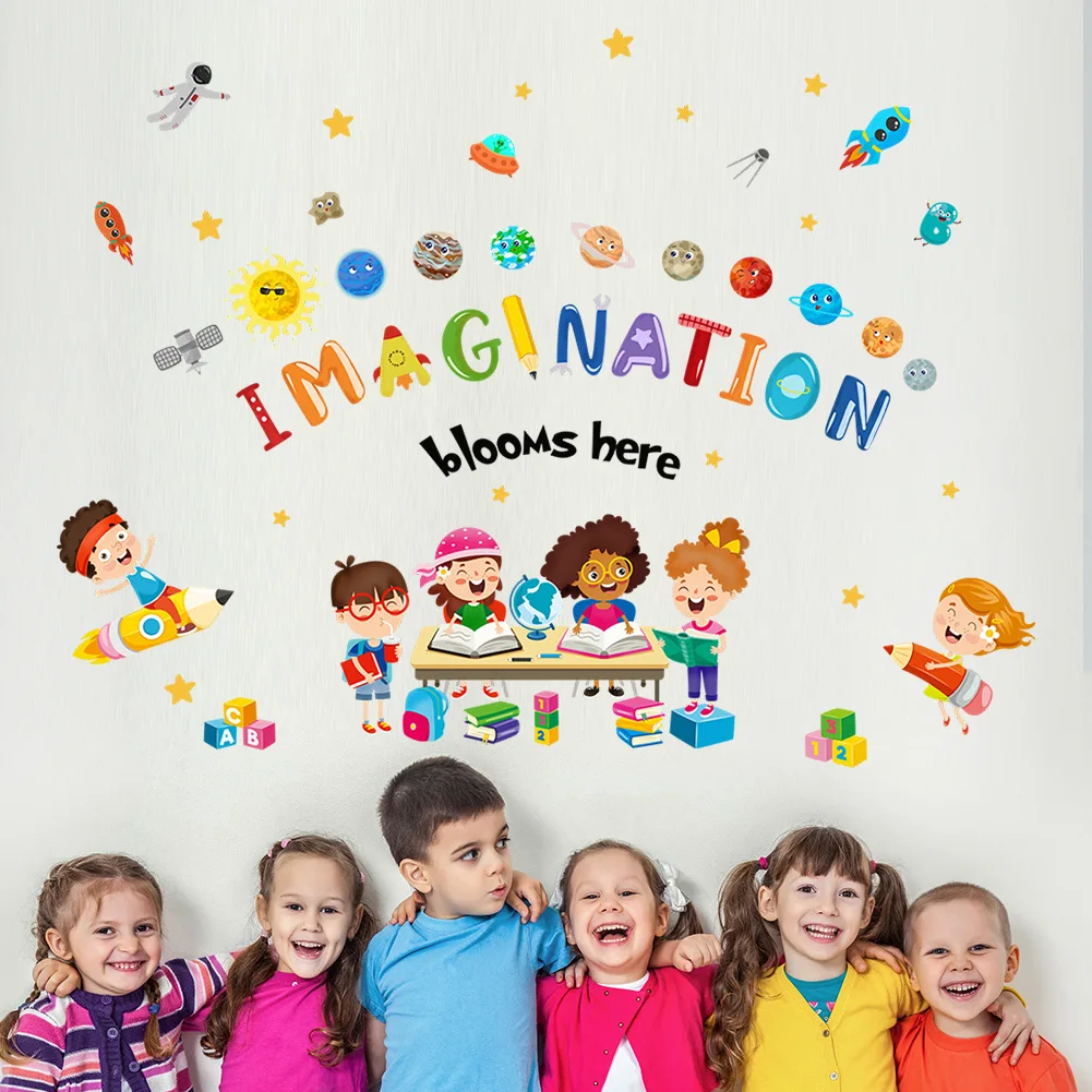 School classroom colorful solar system wall sticker self adhesive cartoon quote wall decal for kids