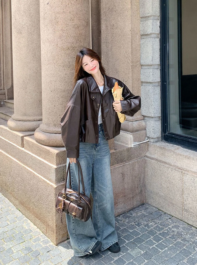 Women Faux Leather Jacket Stand Collar Snap Button Coat Oversized Drop Shoulder Bomber Y2K Retro Streetwear Autumn Outerwear Top