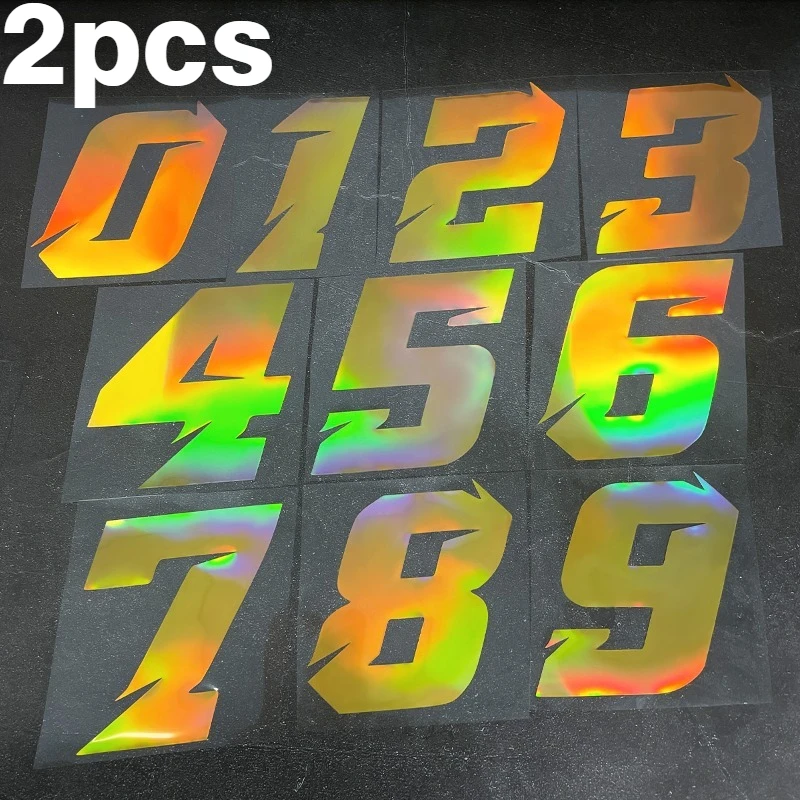 2 Stück/1 Set Gold Holographische Laser-Motorrad-Arabisch-Ziffern-Aufkleber Wasserdicht für Kraftstofftank, Frontverkleidung, Helm Vinyl-Aufkleber