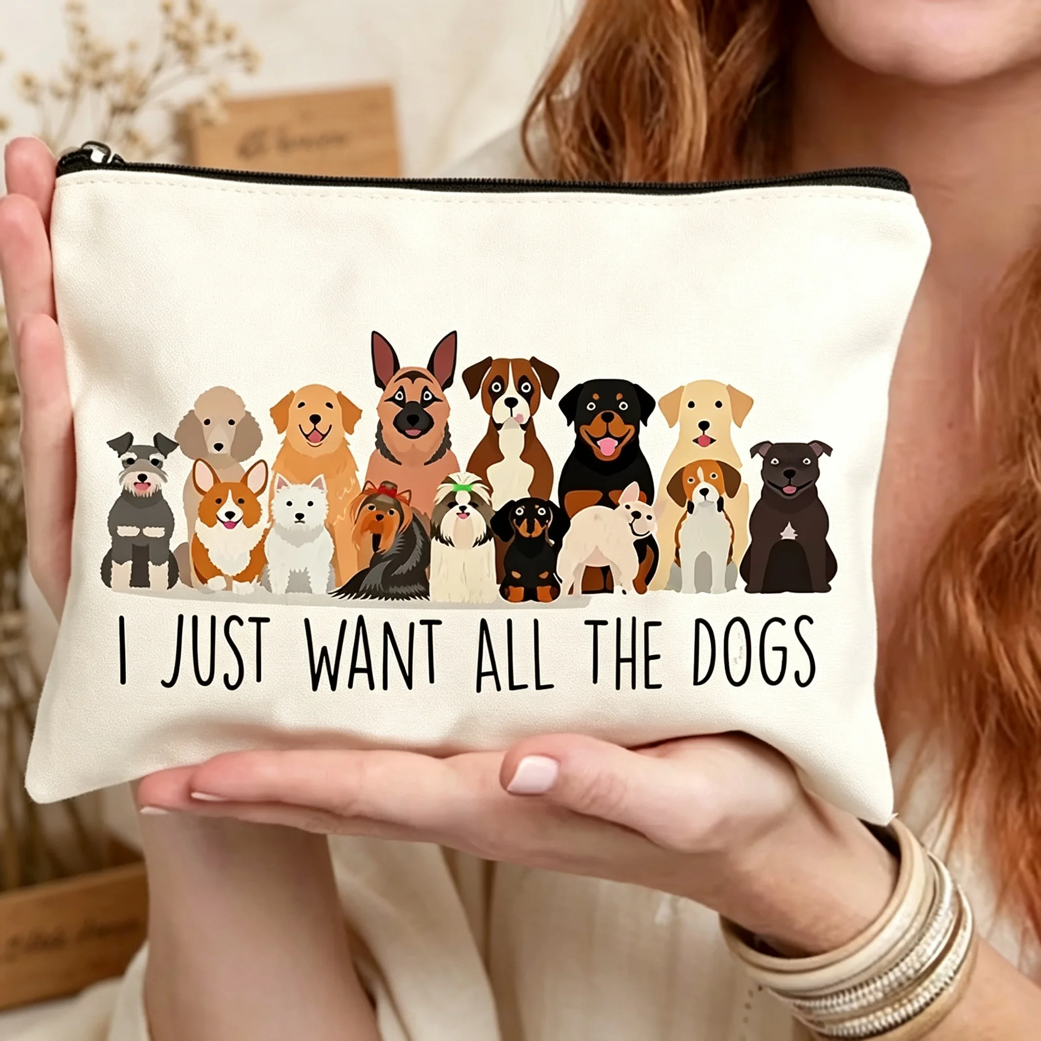 I Just Want All The Dogs Zipper Pouch, Cute Multi‑Breed Dog Makeup Bag, Dog Lover Storage Pouch, Dog Mom Gift for Women
